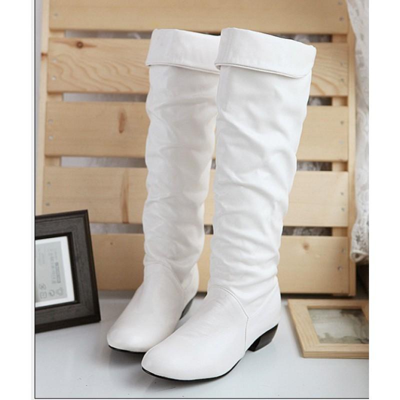 Womens Knee-High Flat Boots PU Leather Round Toe Casual Slip-On Size 34-47