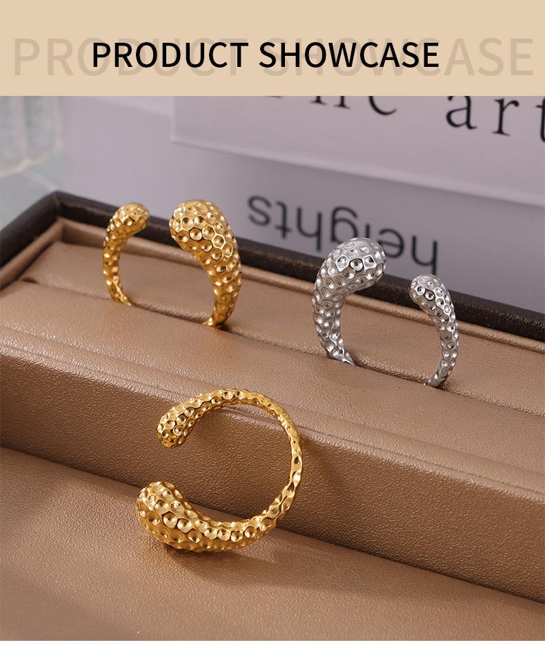 European & American Large Titanium Steel Water Drop Ring, 18K Gold Plated, Hammered Texture, Asymmetrical Open Design