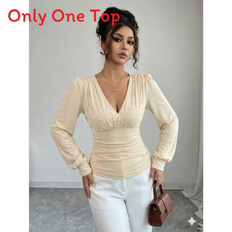 Elegant Long Sleeve T Shirt With Pearl Embellishments For Office Wear
