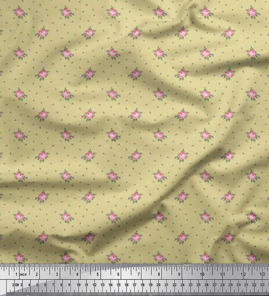 Soimoi Japan Crepe Satin Fabric Leaves & Rose Floral Printed Craft Fabric by the Metre 42 Inch