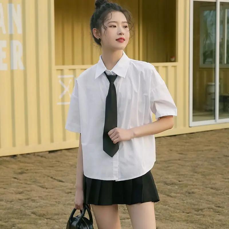 Ladies' White Short Sleeved Shirts Women's Summer Single Breasted Blouses with Tie Versatile College Style Girls' Chic Bottom