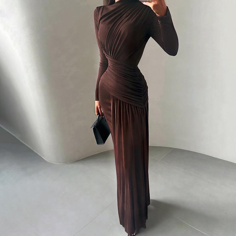 European & American Style 2025 Autumn/Winter Pleated Slim Fit Solid Color Long Sleeve Round Neck Dress