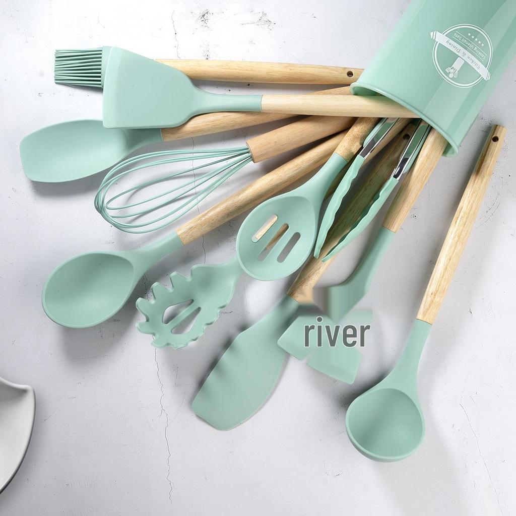 11-Piece Silicone Kitchen Utensil Set with Wooden Handles - Black & Khaki Storage Bucket Included