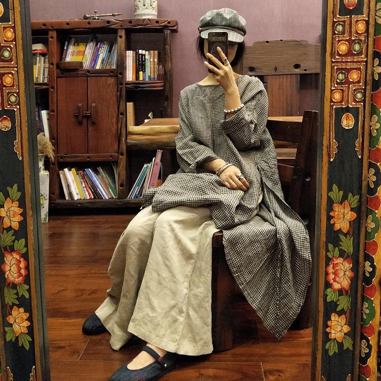 Ретро-Арт Черно-Белое Клетчатое Льняное Платье-Халат - Zen Wear 15102 One Size