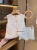Girls' 2026 Trendy Korean-Style Chic White Cotton Hollow-Out Shorts Set