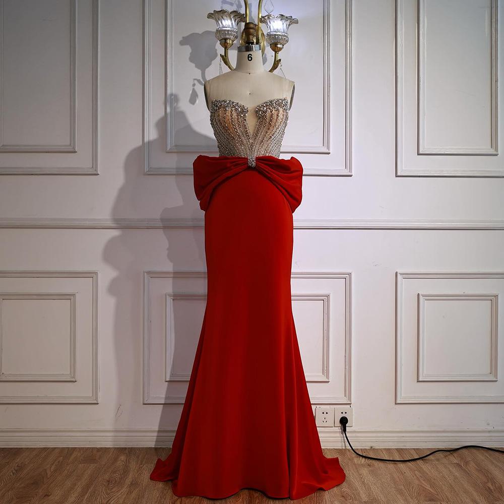 Black bow fishtail evening dress crystal beads high-end thin wedding performance dress LA11010