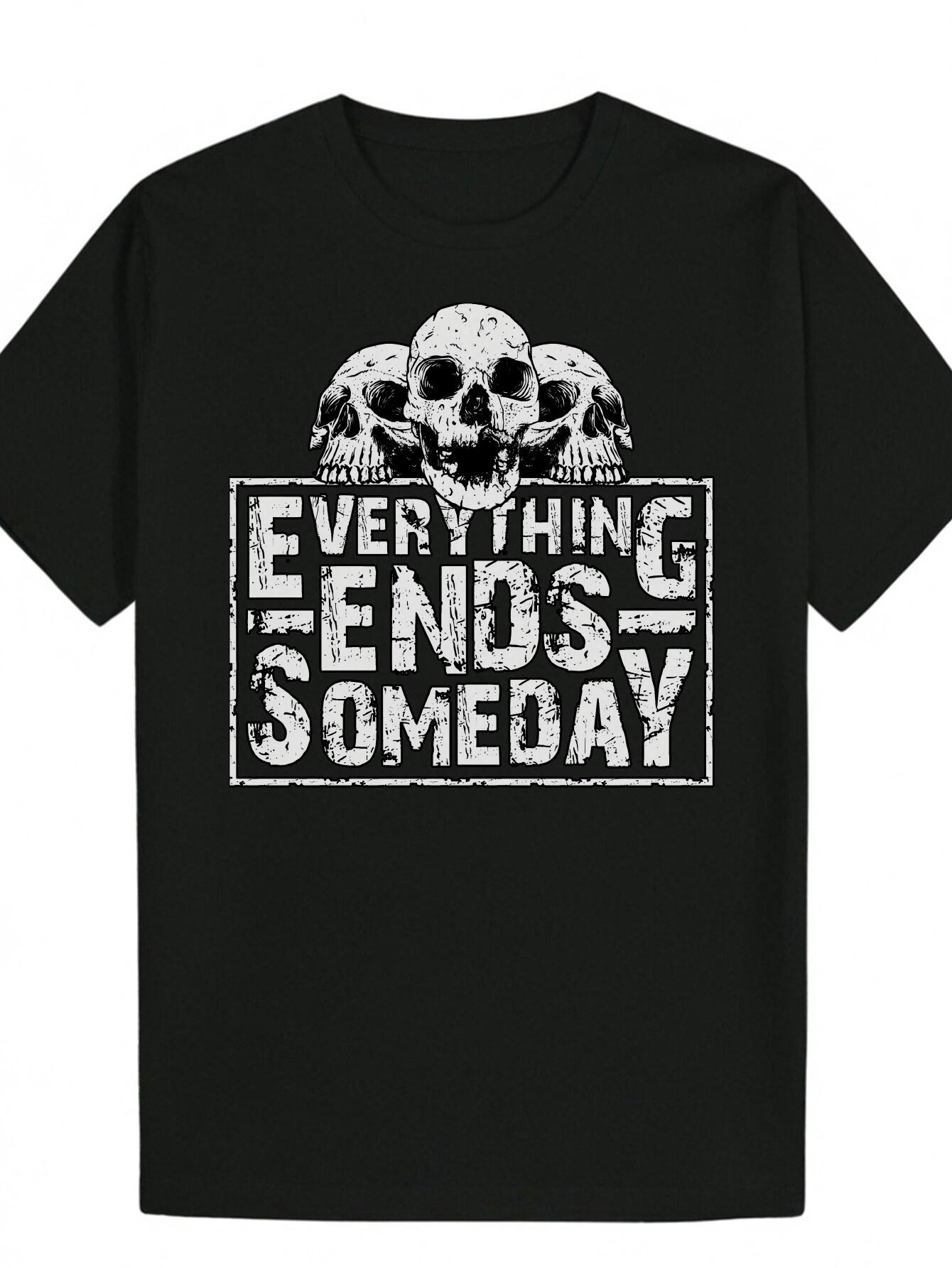 Crew Neck Polyester T-shirt with Skull and Eagle Design -  Everything Ends Someday  Text XXXL
