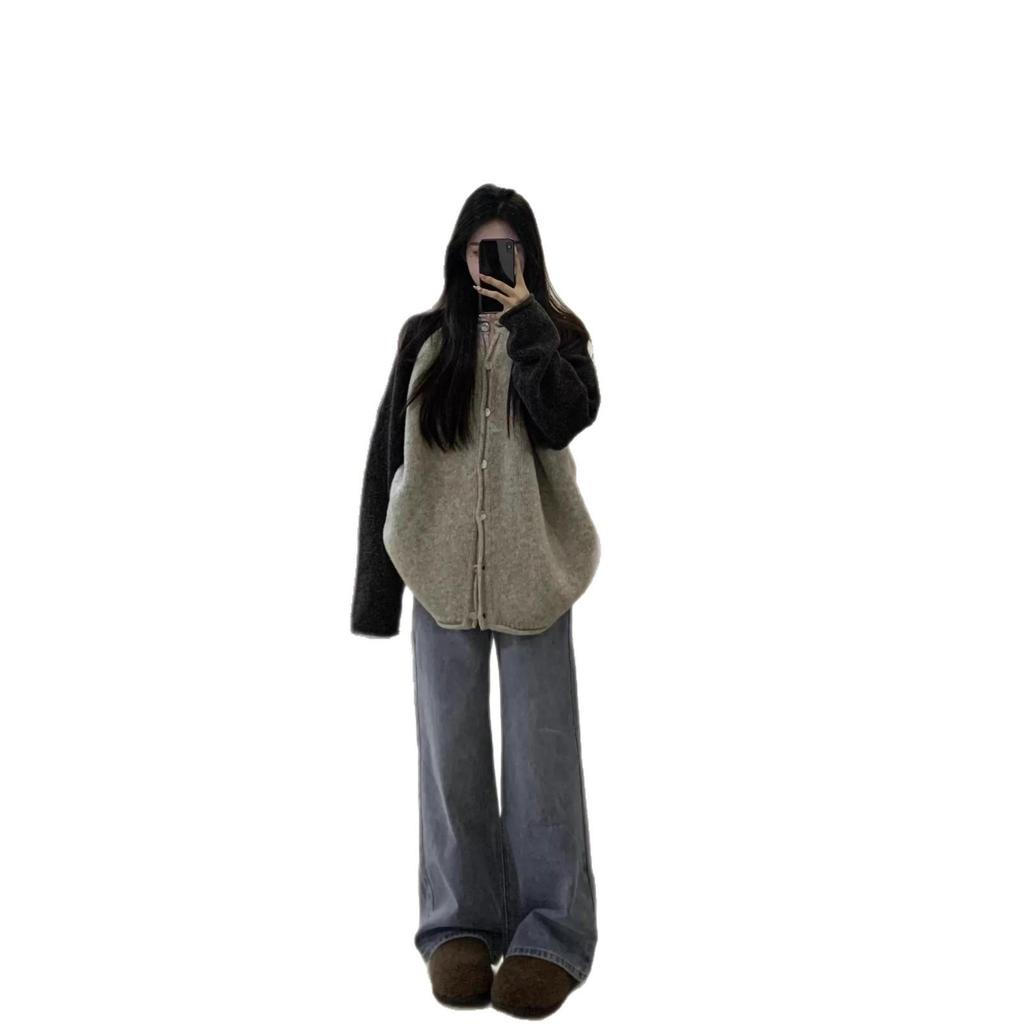 2025 A/W Women's Color Block Boyfriend-Style Loose Knit Cardigan Sweater