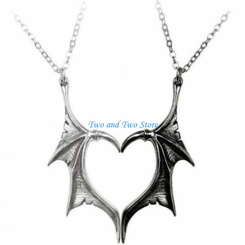 HX6F Retro Bat Wing Heart Pendant Matching Necklace 2x/Set Couple Necklace for Friend CN