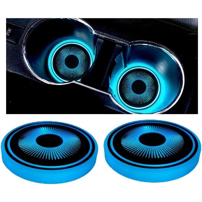 Mandark LED Car Cup Holder Lights, 2PCS Waterproof 7 Colors Changing Vehicle USB Charging Coaster Pad, Auto Interior Atmosphere Lamp Cup Mat
