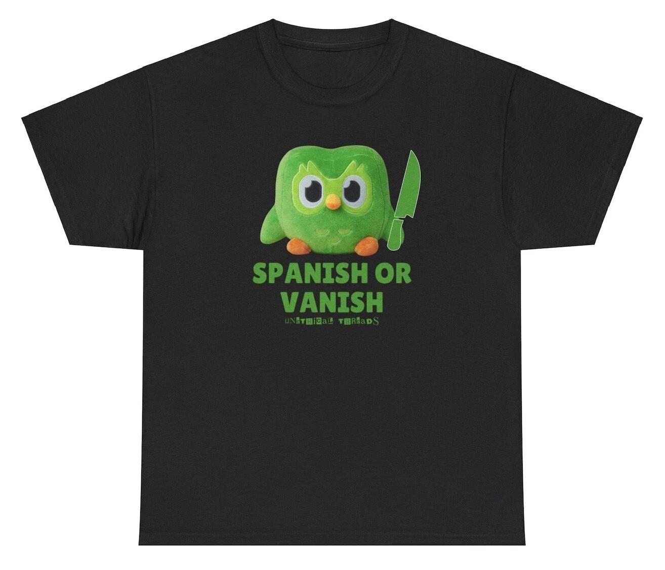 Spanish Or Vanish Owl Knife T Shirt Funny Meme Silly Humor Joke Offensive Tee XL