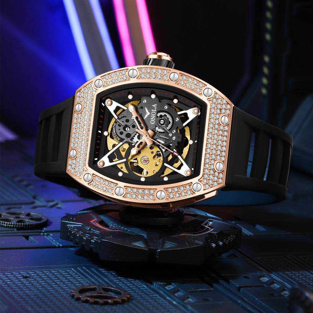 Herren ONOLA Wasserdichte Automatische Mechanische Uhr mit Silikonarmband und Diamantdetail