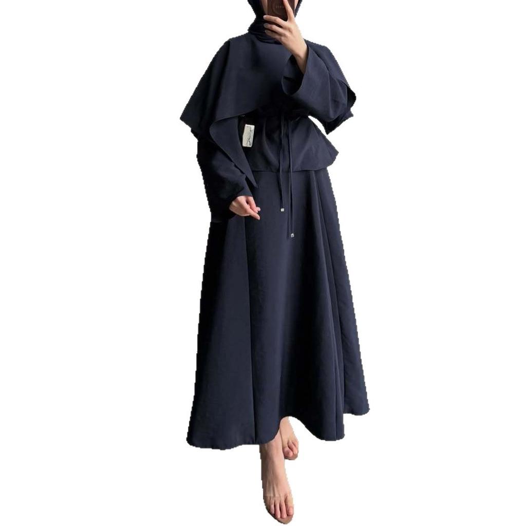 Cross-border European and American Women's Clothing  Summer New Round Neck Simple Cape Commuter Long-sleeved Straight One-step Skirt