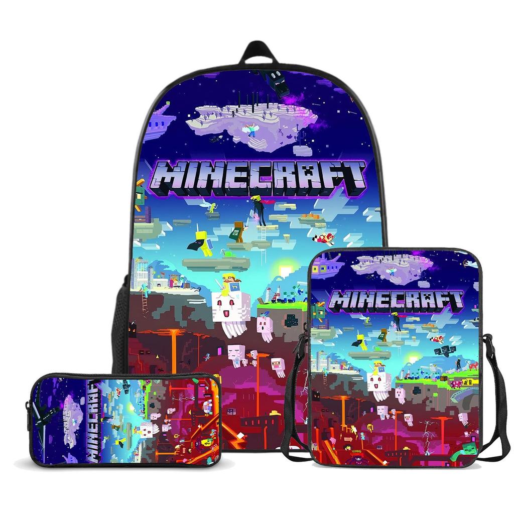 Popular Minecraft 3-Piece Set: Backpack, Messenger Bag, and Cartoon Pencil Case - Lightweight, Splash-Proof, Large Capacity