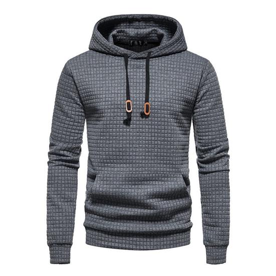 Long Sleeves Drawstring Pocket Waffle Fabric Men Sweatshirt Spring Autumn Plaid Quilting Solid Color Hoodie
