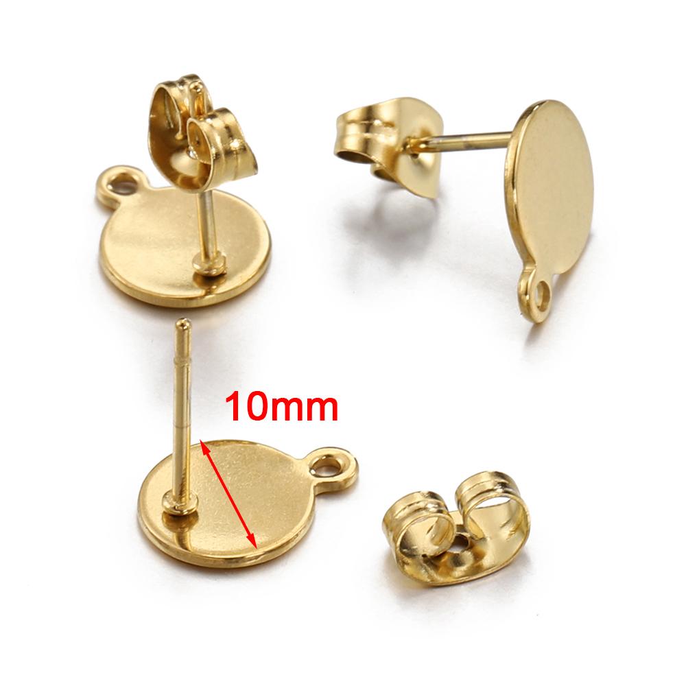 10pcs Stainless Steel Round Ear Studs for Earrings Base Jewelry Making DIY Gold Color Dangle Hole Charm Pendants Components
