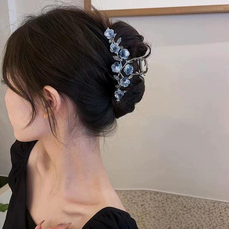 High-End Temperament Aerosol Blue Mountain Camellia Catch Clip Ladies' Hair Shark Clip Elegant Dress Hair Accessories