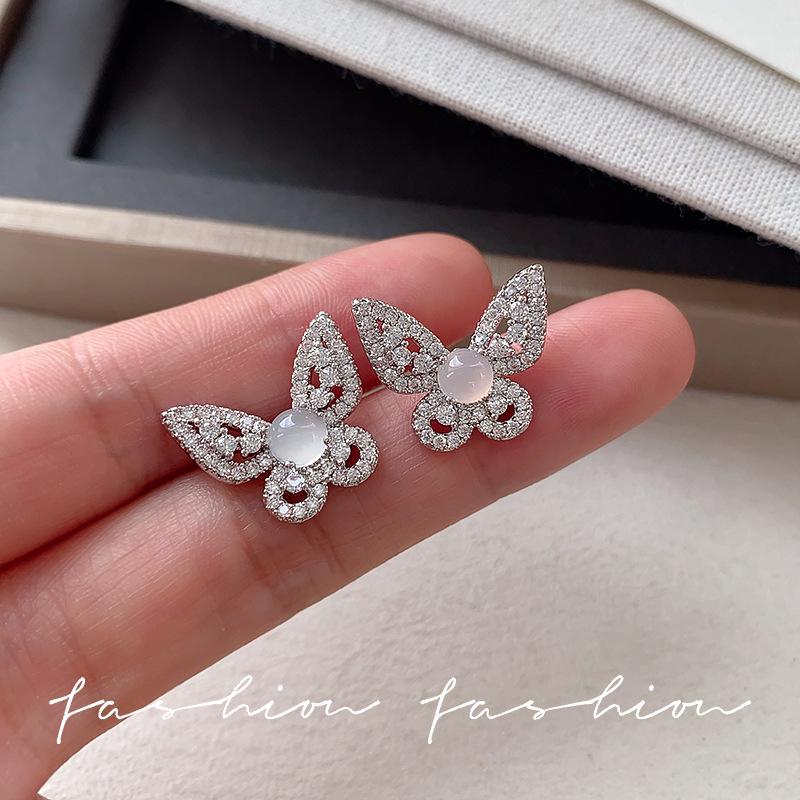 

Sterling silver hollow exquisite butterfly stud earrings women s high-end sense chalcedony green jade earrings new high-end ear jewelry