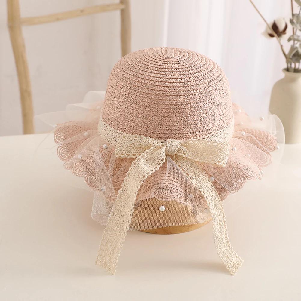 Elegant Summer Kids Straw Hat with Lace Wide Brim Cute Breathable Sun Hat Shoulder Bag for Girls Beach Outdoor Sunscreen