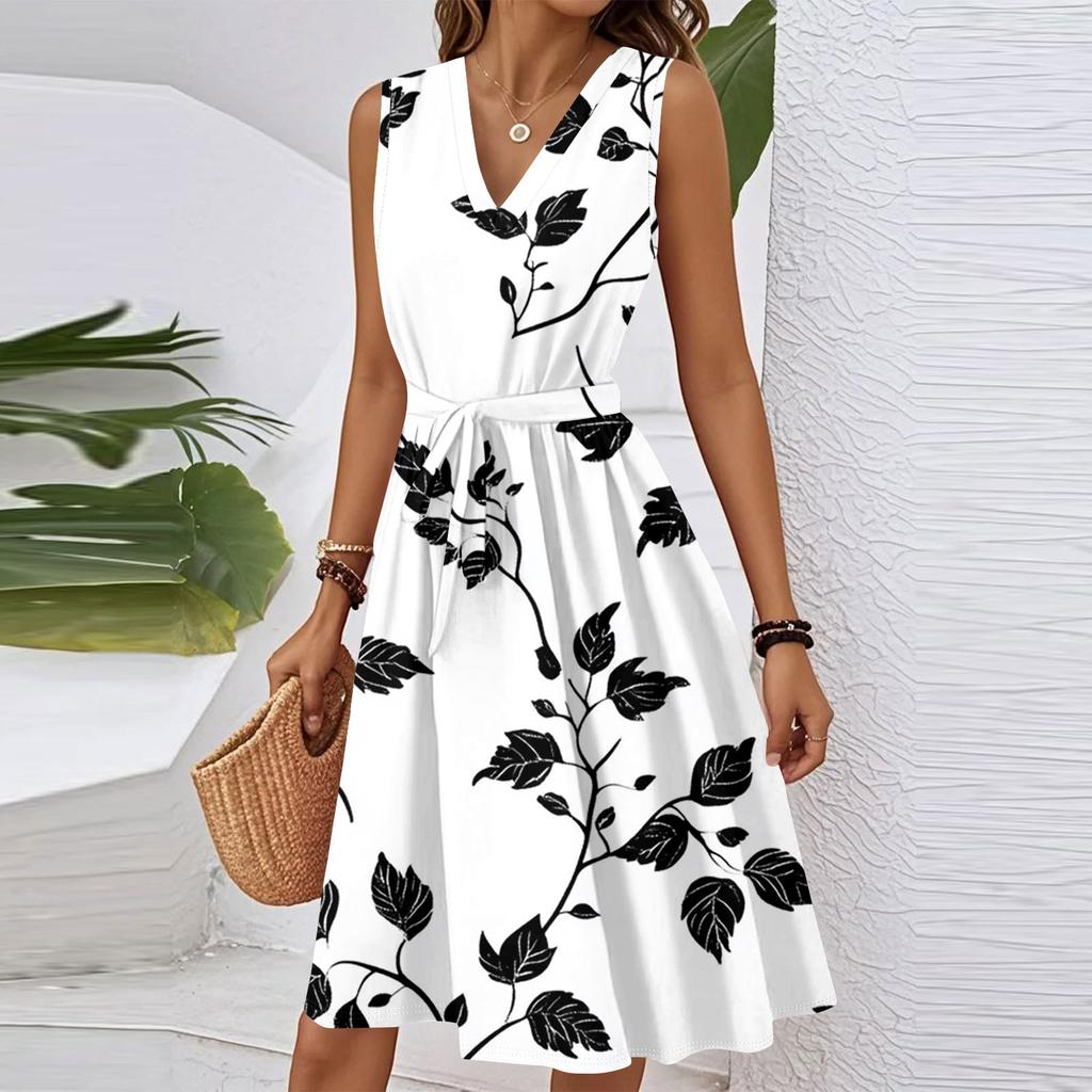 Women's Summer Fashion Loose V-Neck Sleeveless Lace-Up Floral Print Dress