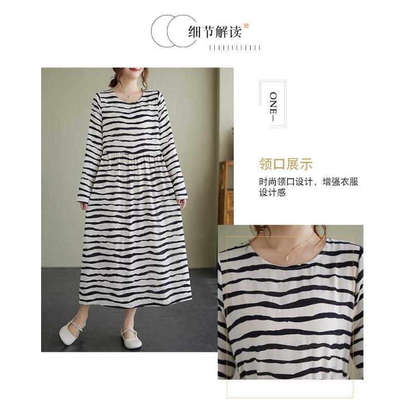 Vintage Literary Style Striped Printed Round Neck Long Sleeve Tie Dress