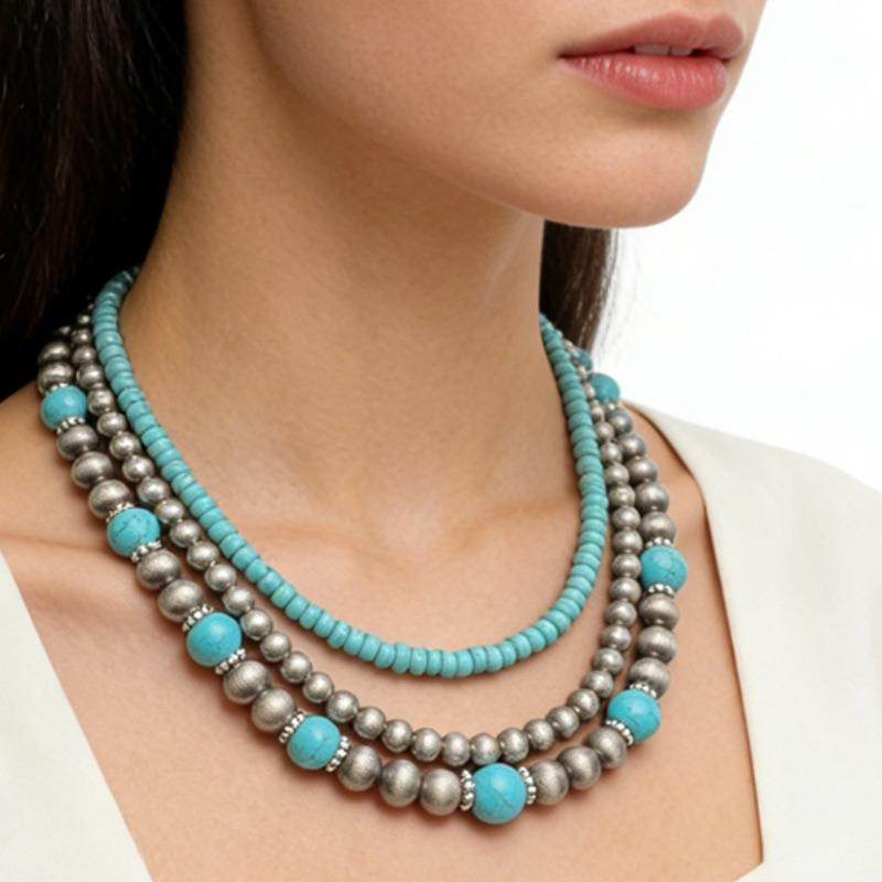 European and American Navajo Style Turquoise Necklace, Women Stacked with High-end Three-piece Set, Ethnic Tin Bead Neck Chain