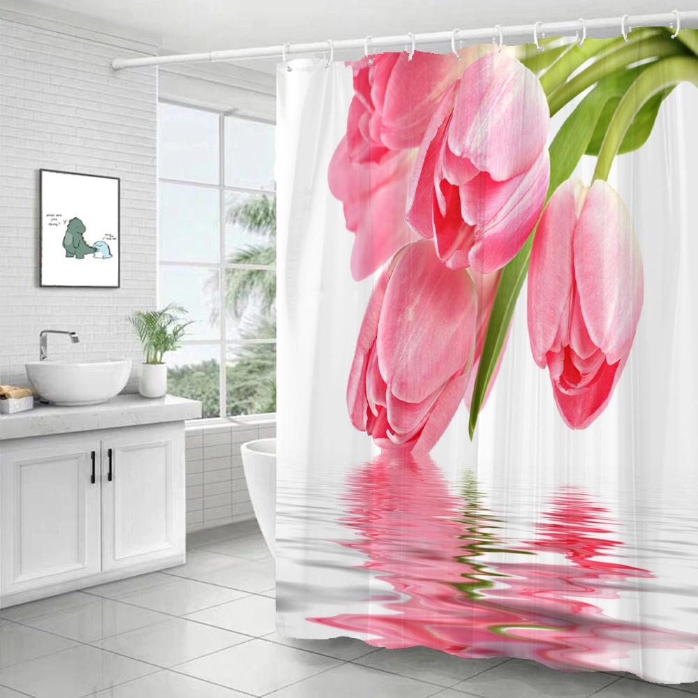

Beautiful Tulip Rose Flowers Shower Curtain Bathroom Curtains Nature Flower Waterproof Polyeste Fabric Bathtub Decor With Hook W60H190(CM)-1 Pcs