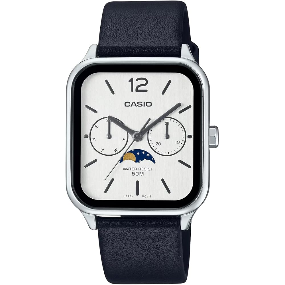 Casio Standard Moon Phase Analog Men s Watch MTP-M305L-7AV Black Leather Band Silver