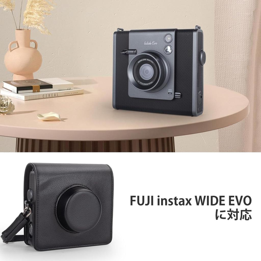 kinokoo Instax Wide Evo Case, Protective Bag for Fuji Instax Wide Evo, PU Leather with Adjustable Shoulder Strap and Storage Pocket (Black)