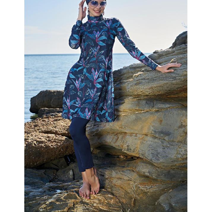 

Новый скромный буркини из 2 предметов с цветочным принтом: туника с длинным рукавом и леггинсы полной длины - муслиновый купальник - пляжная одежда с УФ-защитой - лето 5XL зелёный