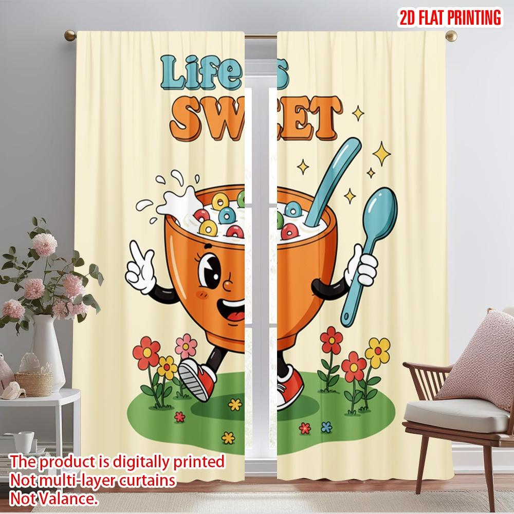 

2pcs 2D flat printing Window Curtains Retro Cereal Bowl Spoonful 100% Polyester Without Electricity Holiday Decorations Perfect 52.50×116.00 CM 2pcs