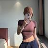 2025 Summer Kardashian Style Ribbed Short Sleeve Top - Solid Color & Sexy Round Neck