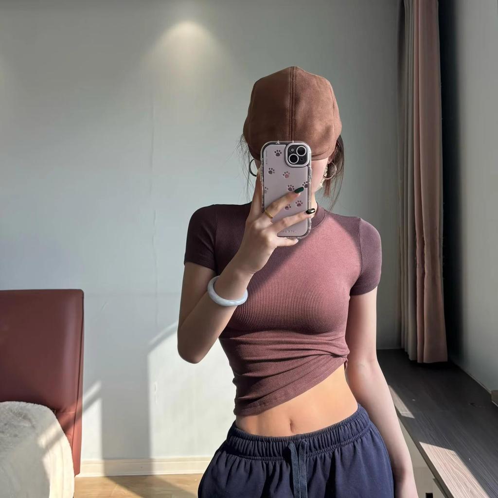 2025 Summer Kardashian Style Ribbed Short Sleeve Top - Solid Color & Sexy Round Neck