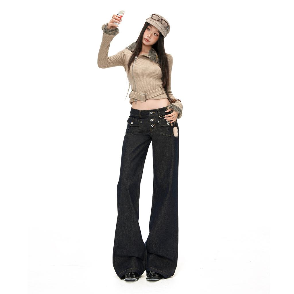 American front pocket slightly pulled jeans women's autumn and winter new retro tannin low-rise slim-fitting straight-leg bell pants