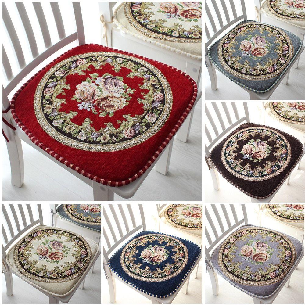 Vintage Chenille Dining Chair Cushion Detachable Non-slip Floral Chair Mat Soft with Straps Jacquard Seat Cushion
