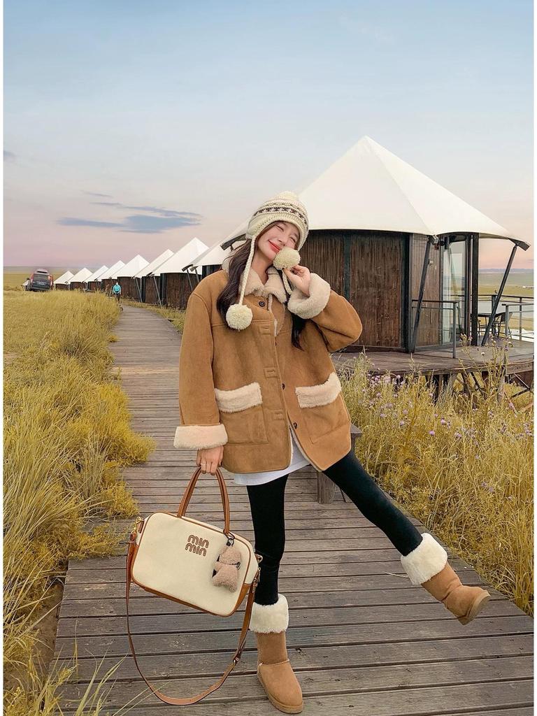 Korean Style Double-Sided Suede Jacket - Women's Winter 2026 Thick Lambswool and Leather Top