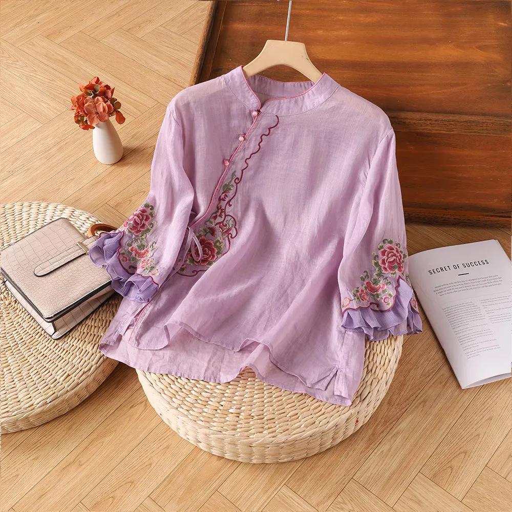 Women's Ethnic Embroidered Cotton-Linen Shirt, Oblique Collar, 3/4 Sleeves, Retro Literary Summer Tea Dress.
