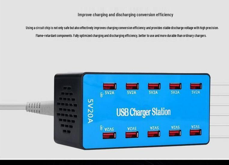 20-Port High Power USB Fast Charger 20A Charging Station for Smartphones & Tablets