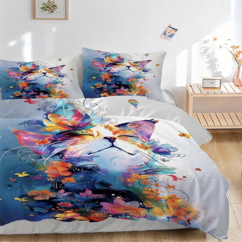 3pcs Colorful Elements Cat Pattern Bedding Set, 1* Cover + 2*Pillowcases, Printed Bedding Set, Soft and Comfortable, Suitable for Bedroom an