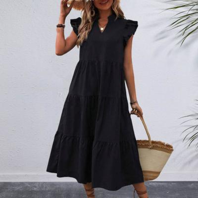 Women Summer Dress V Neck Pure Color A-line Patchwork Big Hem Flying Sleeves Ruffle