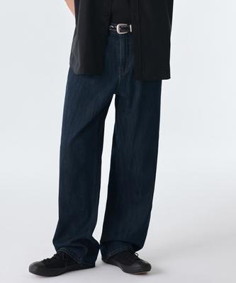 Linen-Like Wide Denim Pants [Dark Blue]