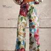 Women Retro Casual Pants Mid-rise Button Zipper Fly Wide Leg Long Trousers with Pockets Digital Floral Print Leisure Trousers Streetwear
