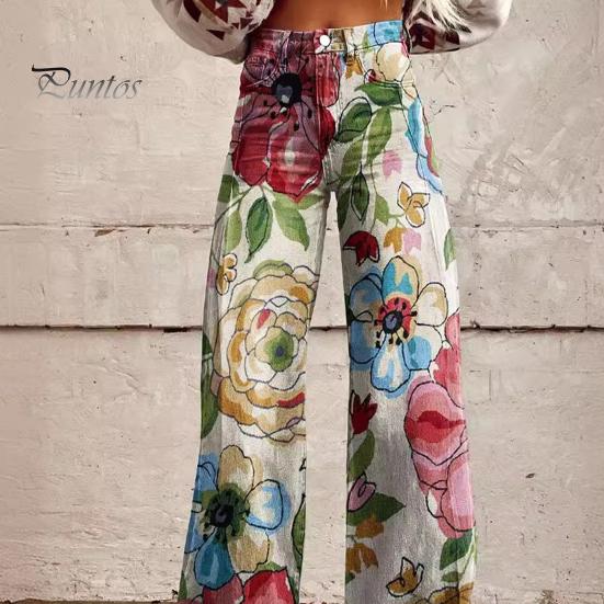Dame Retro Casual Bukser Middels høyde Knapp Glidelåsgylf Vidt ben Lange Bukser med Lommer Digitalt Blomsterprint Fritidsbukser Streetwear