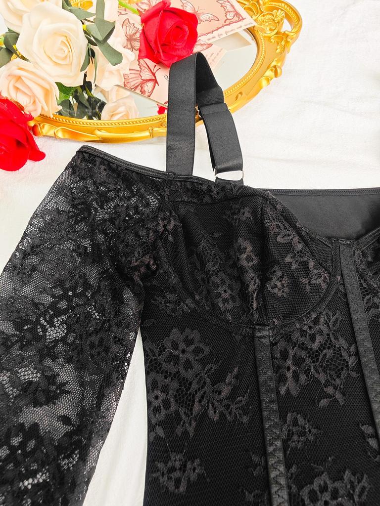 European & American Sexy Lace Patchwork Strappy Black Bodysuit