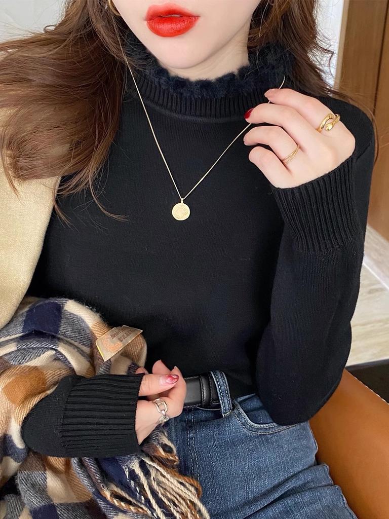 Semi-turtleneck Integrated Fleece Inner Top Women's Fungus Edge Knitted Sweater Autumn and Winter New High-end Bottoming Shirt