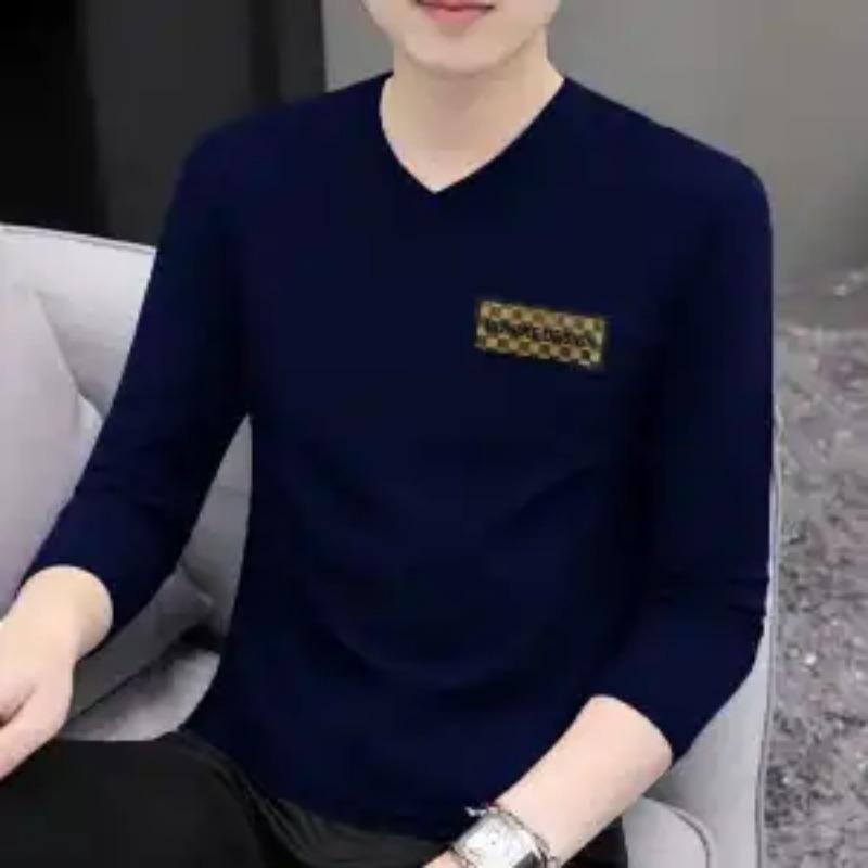 Spring New Pure Cotton Long-sleeved T-shirt Men's Slim V-neck Daily Casual Top