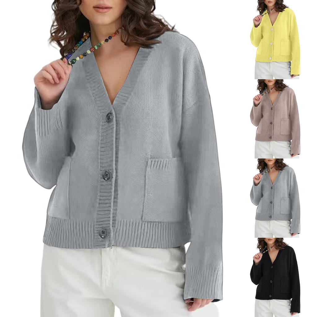 Women's Solid Color V-neck Pocket Knitted Cardigan With Loose And Soft Texture Design, Sweater Jacket