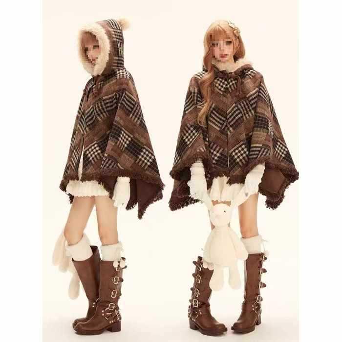 

Women s Brown Plaid Fringe Hooded Cape Coat - Sleeveless, Plush Cotton Shawl for Winter M
