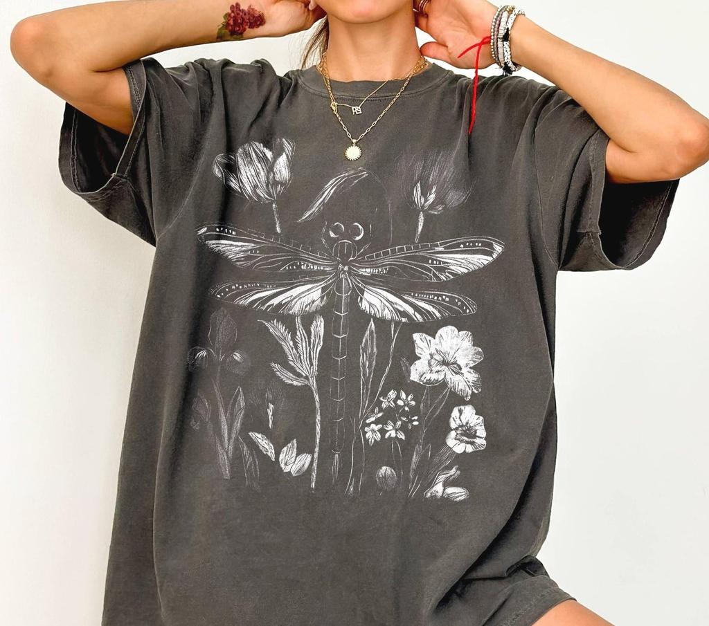 Botanical Dragonfly Shirt, Floral Insect Tee, Nature Lover Gift, Wildflower Graphic T-Shirt