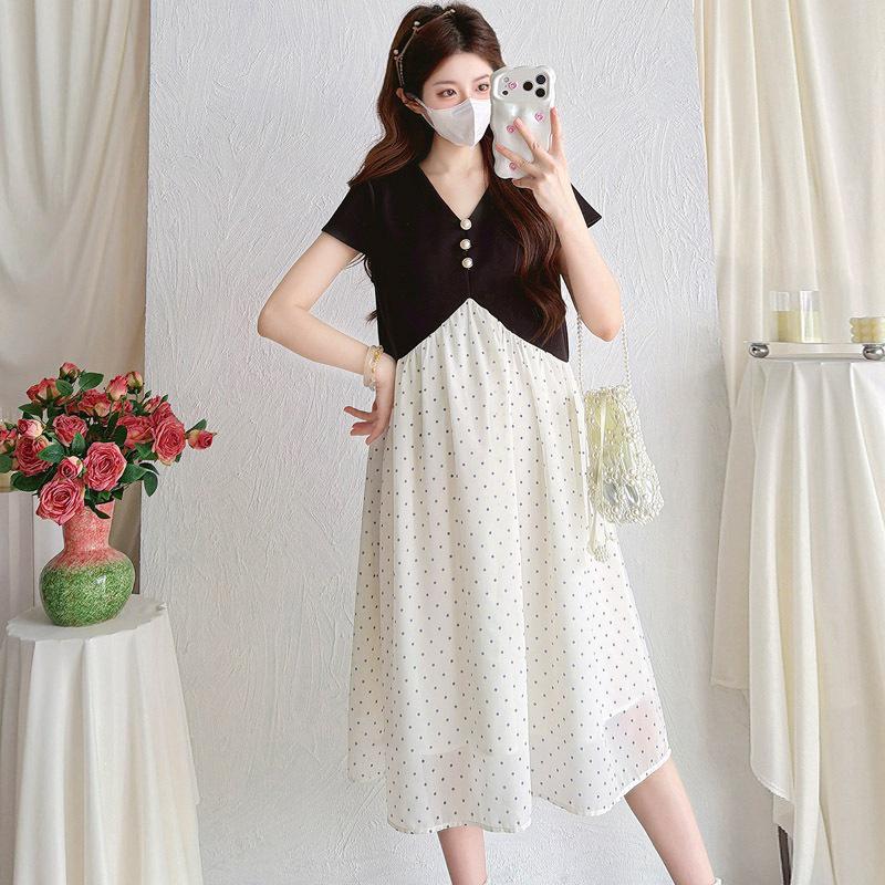 

2026 Summer Polka Dot V-neck Maternity Dress - Loose Fit with Belly Covering, Two-Piece Color Block Design L